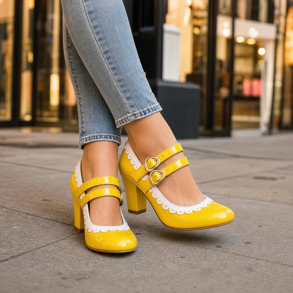 Yellow Burnett women's orthopedic Mary Jane heels by Qivii, stylish and comfortable women's footwear with supportive design.