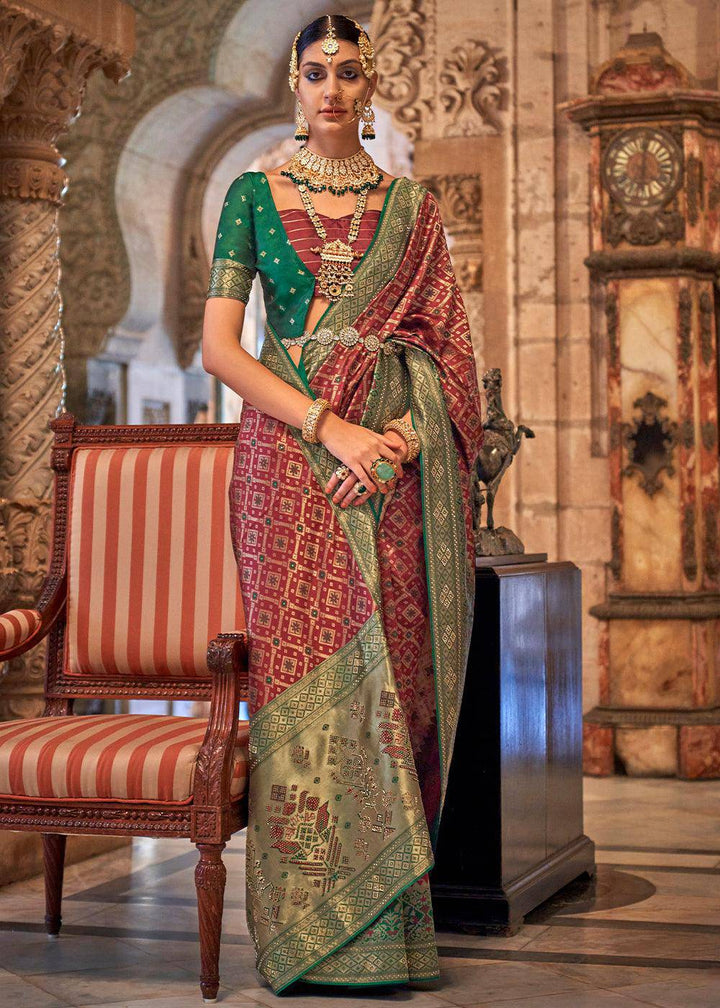 Burnt Umber Brown Banarasi Jacquard Silk Saree with Swarvoski work | Stitched Blouse - qivii