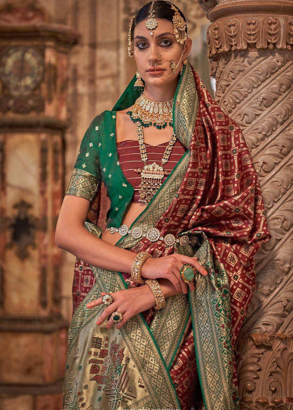 Burnt Umber Brown Banarasi Jacquard Silk Saree with Swarvoski work | Stitched Blouse - qivii