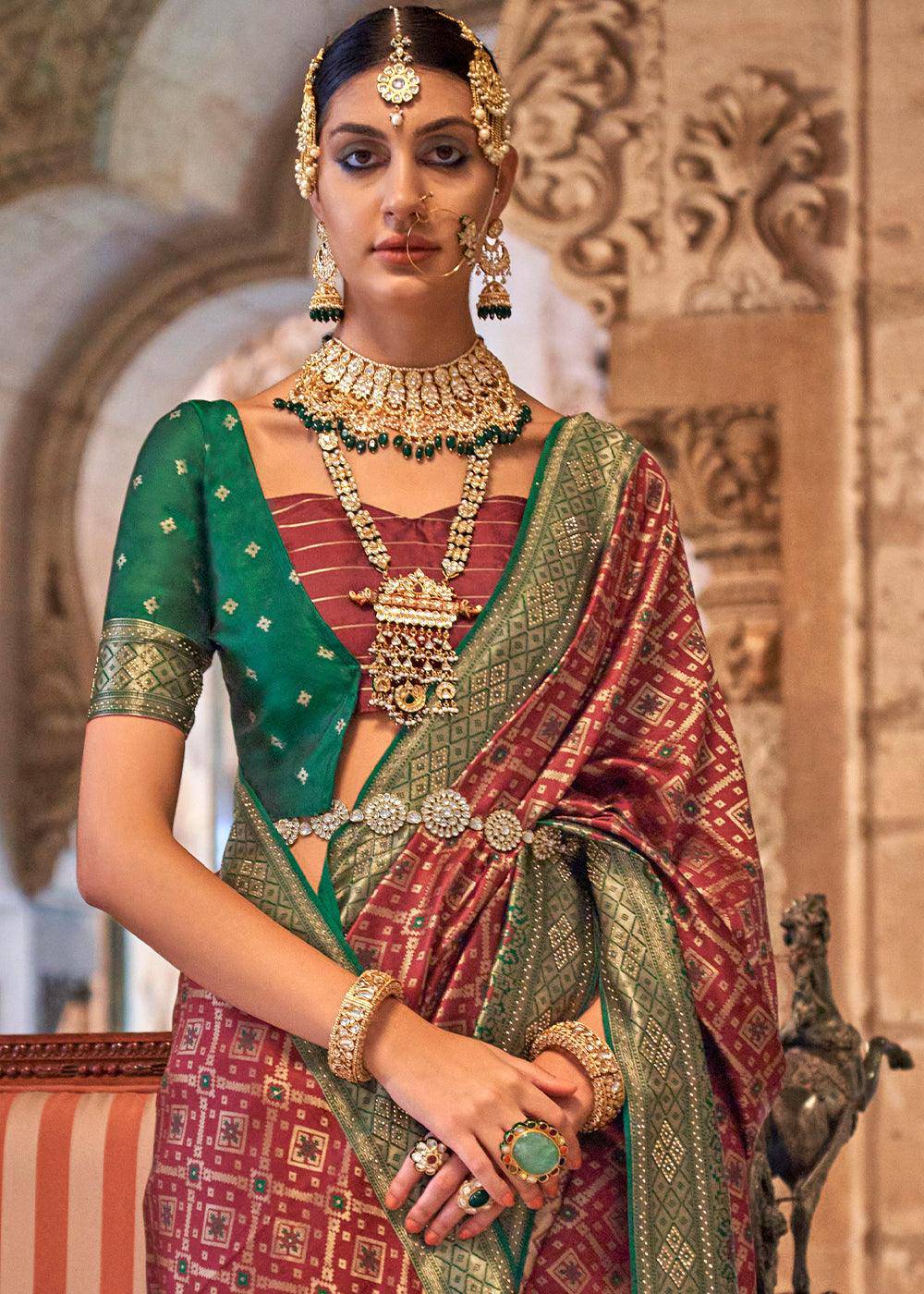 Burnt Umber Brown Banarasi Jacquard Silk Saree with Swarvoski work | Stitched Blouse - qivii