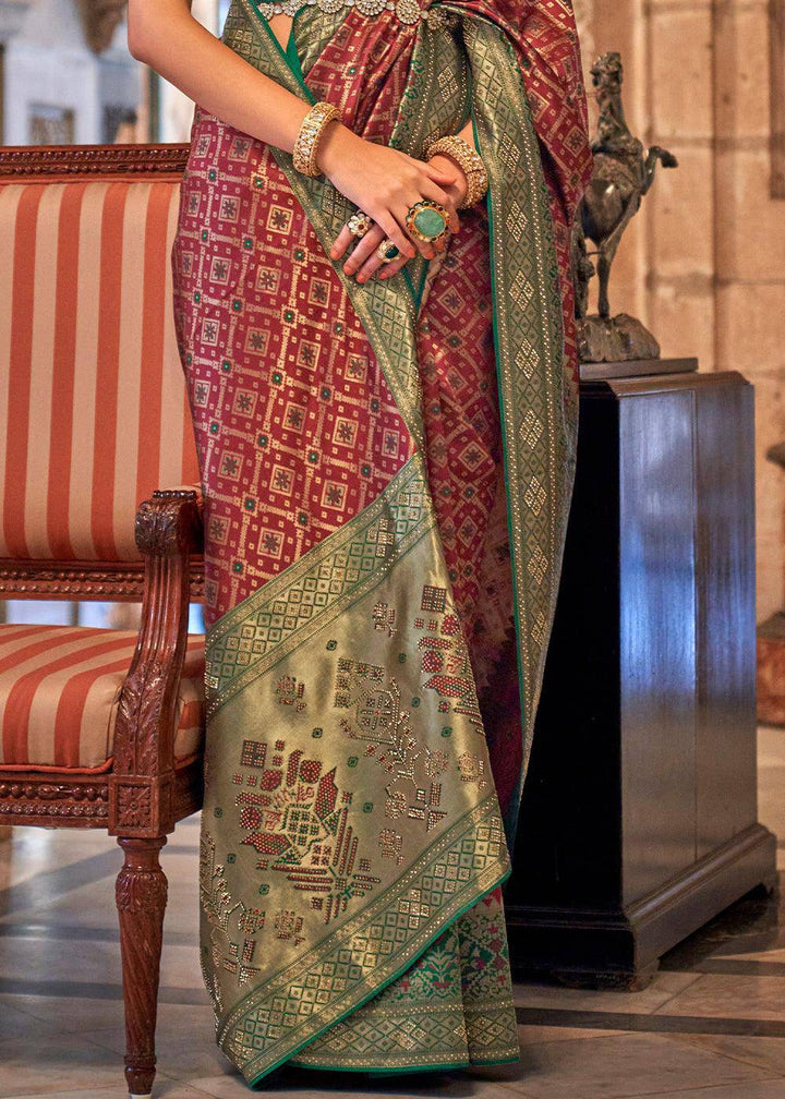 Burnt Umber Brown Banarasi Jacquard Silk Saree with Swarvoski work | Stitched Blouse - qivii