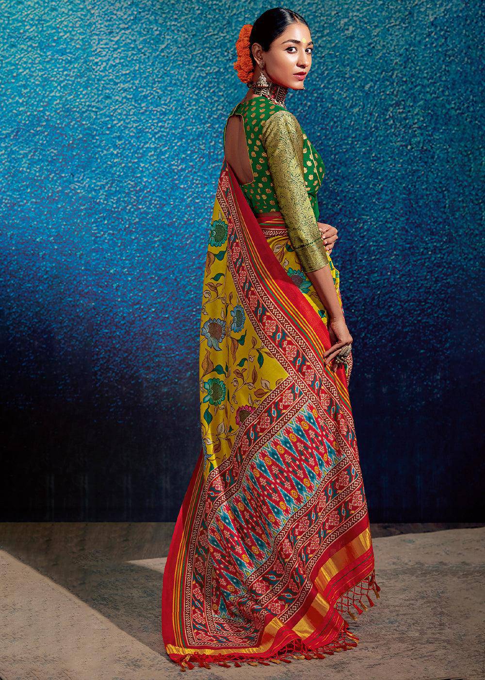 Butter Yellow Kalamkari Printed Soft Tussar Silk Saree with Patola Pallu | Stitched Blouse - qivii