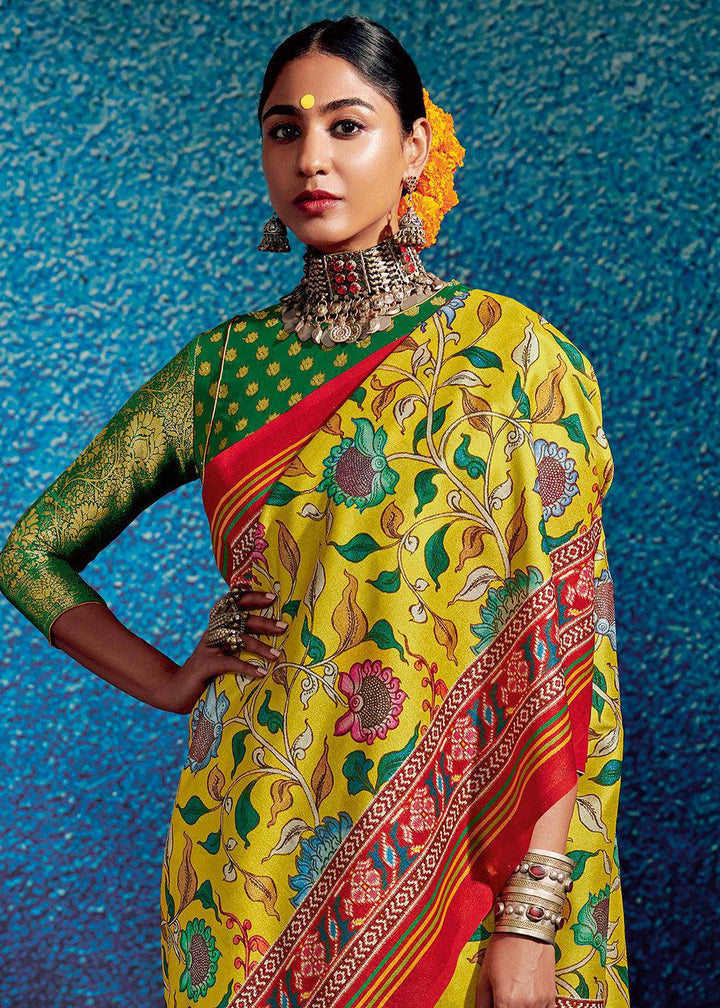 Butter Yellow Kalamkari Printed Soft Tussar Silk Saree with Patola Pallu | Stitched Blouse - qivii