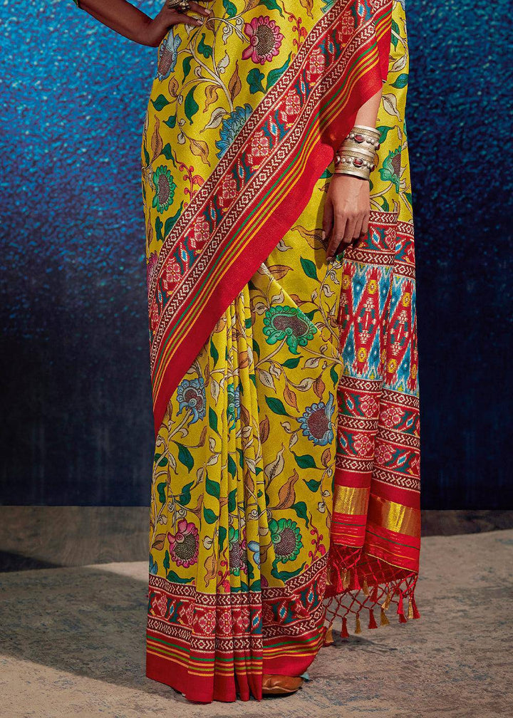 Butter Yellow Kalamkari Printed Soft Tussar Silk Saree with Patola Pallu | Stitched Blouse - qivii