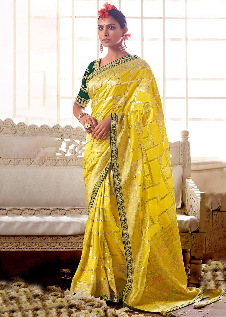 Butter Yellow Woven Dola Silk Saree with Contrast Embroidered Border | Stitched Blouse - qivii