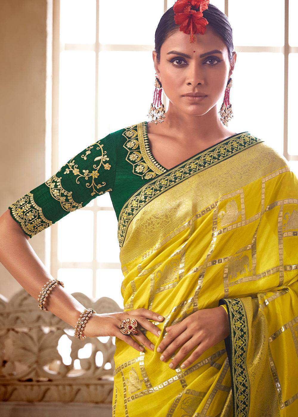 Butter Yellow Woven Dola Silk Saree with Contrast Embroidered Border | Stitched Blouse - qivii