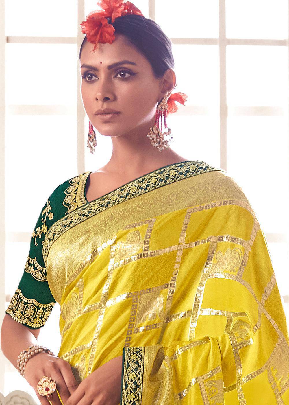 Butter Yellow Woven Dola Silk Saree with Contrast Embroidered Border | Stitched Blouse - qivii