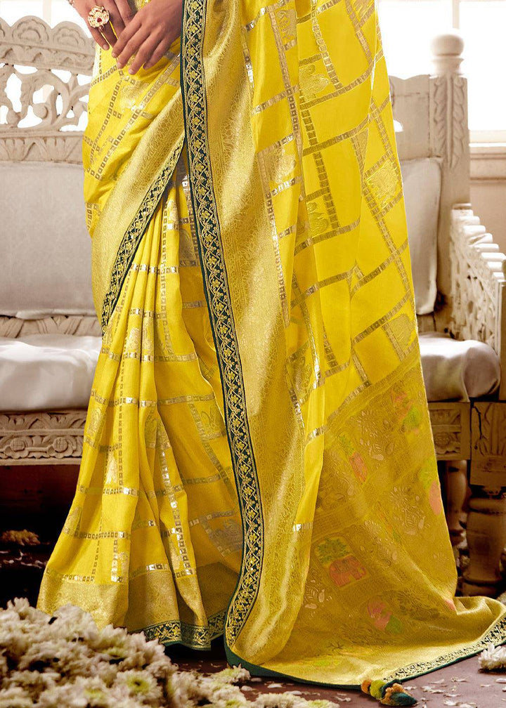 Butter Yellow Woven Dola Silk Saree with Contrast Embroidered Border | Stitched Blouse - qivii