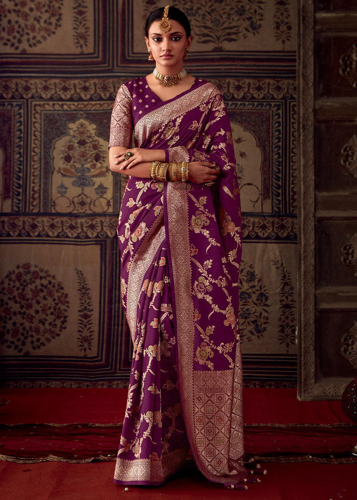 Byzantine Purple Meenakari Weaving Dola Silk Saree - qivii