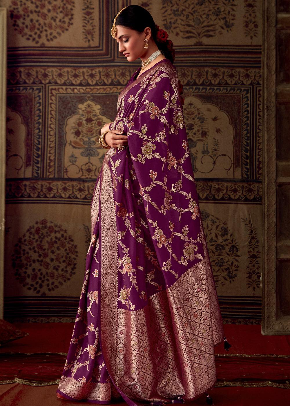 Byzantine Purple Meenakari Weaving Dola Silk Saree - qivii