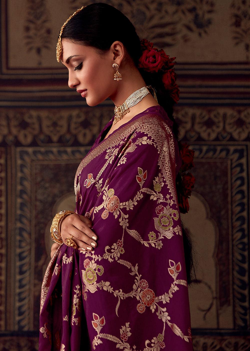 Byzantine Purple Meenakari Weaving Dola Silk Saree - qivii