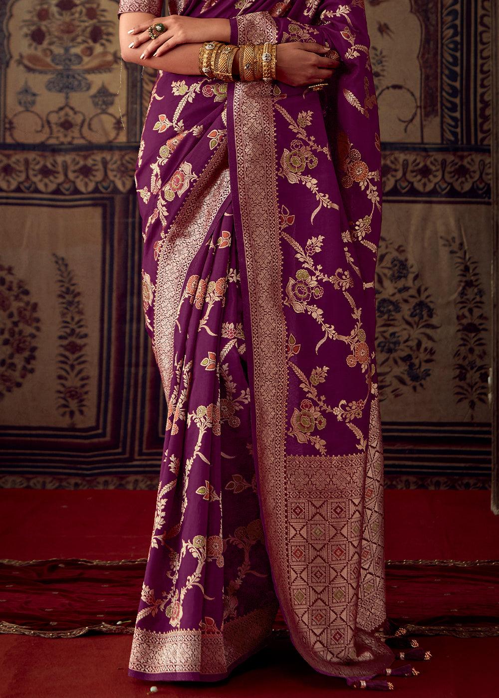 Byzantine Purple Meenakari Weaving Dola Silk Saree - qivii