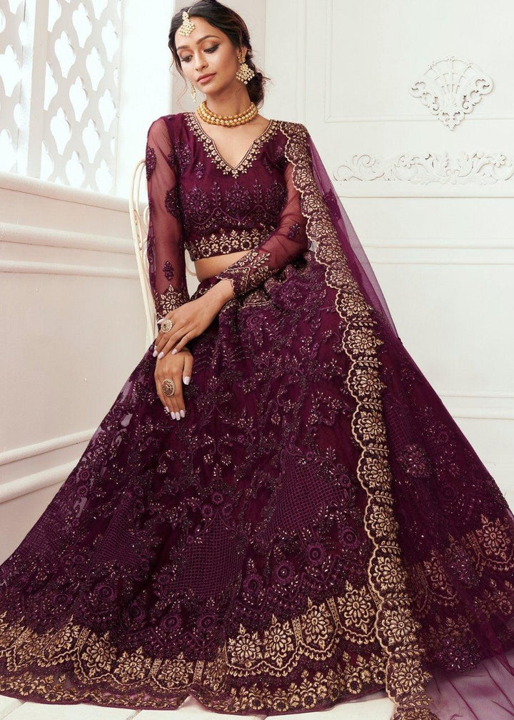 Byzantine Purple Soft Net Lehenga Choli with Cording, Stonework, Thread & Zari Embroidery - qivii