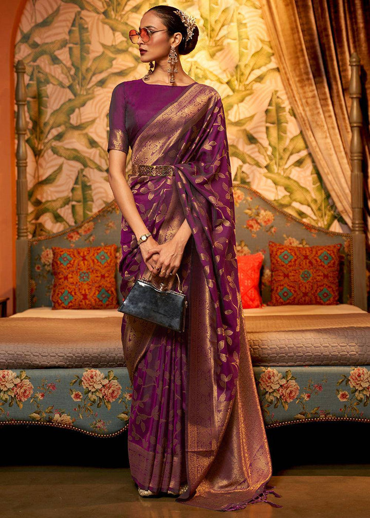 Byzantine Purple Woven Floral Banarasi Silk Saree | Stitched Blouse - qivii