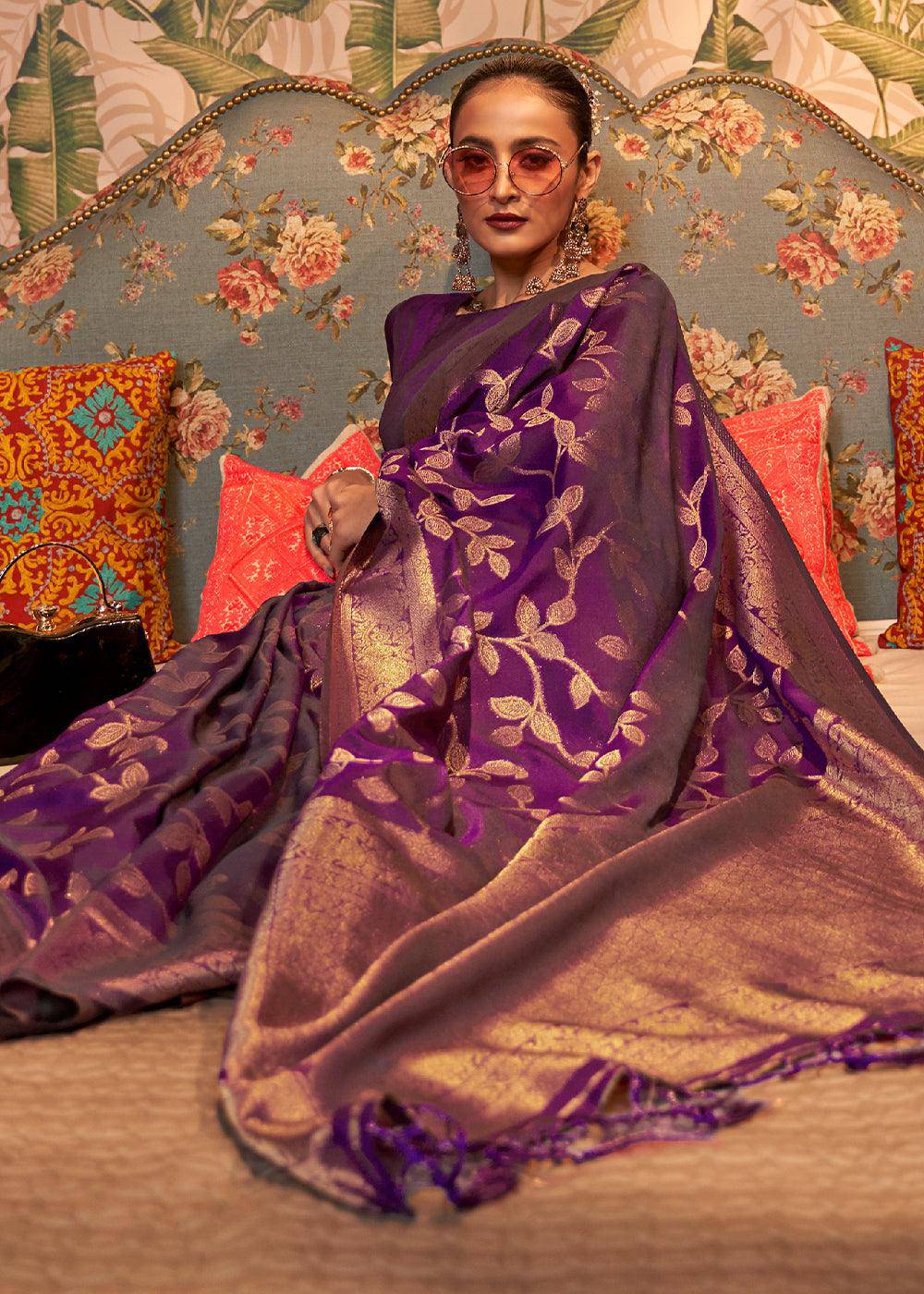 Byzantine Purple Woven Floral Banarasi Silk Saree | Stitched Blouse - qivii