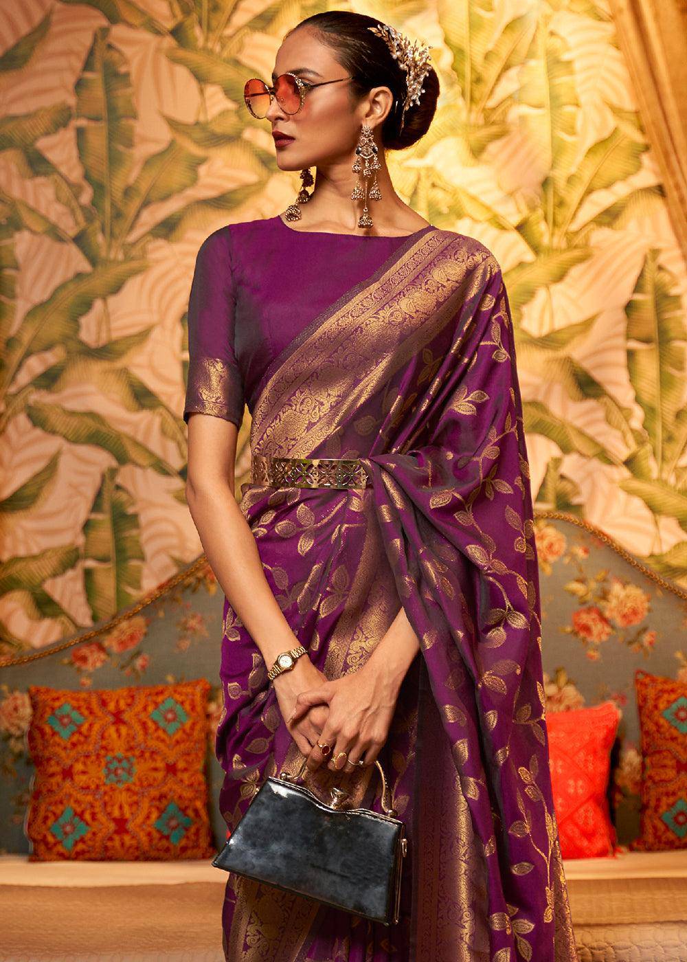 Byzantine Purple Woven Floral Banarasi Silk Saree | Stitched Blouse - qivii