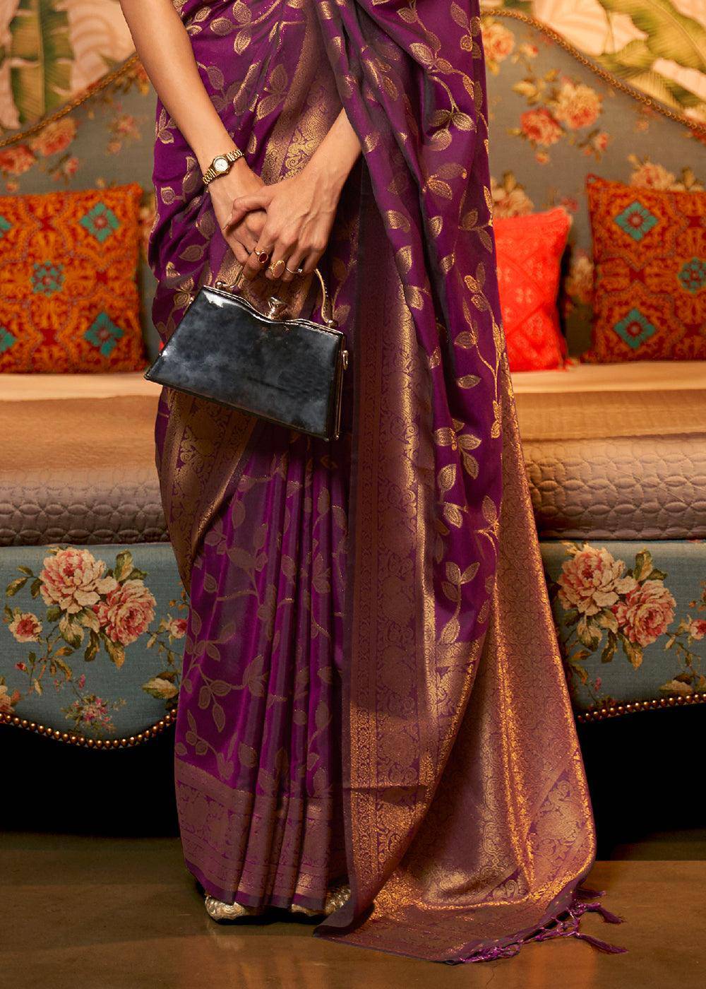 Byzantine Purple Woven Floral Banarasi Silk Saree | Stitched Blouse - qivii