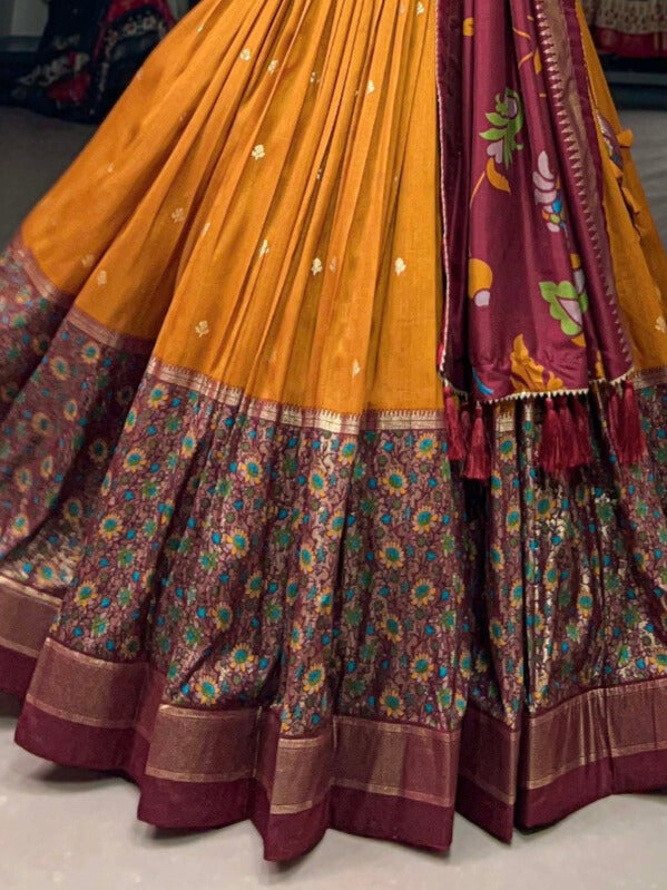 Tussar Silk Print With Foil Work With Heavy Tassels Lehenga Choli In Mustard Color