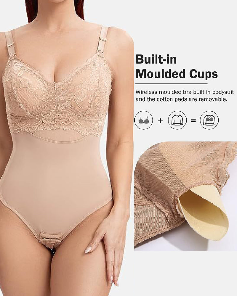Seamless Lace Slimming Waist Bodysuit Tummy Control Thong Shapewear With Bra  - By Qivii