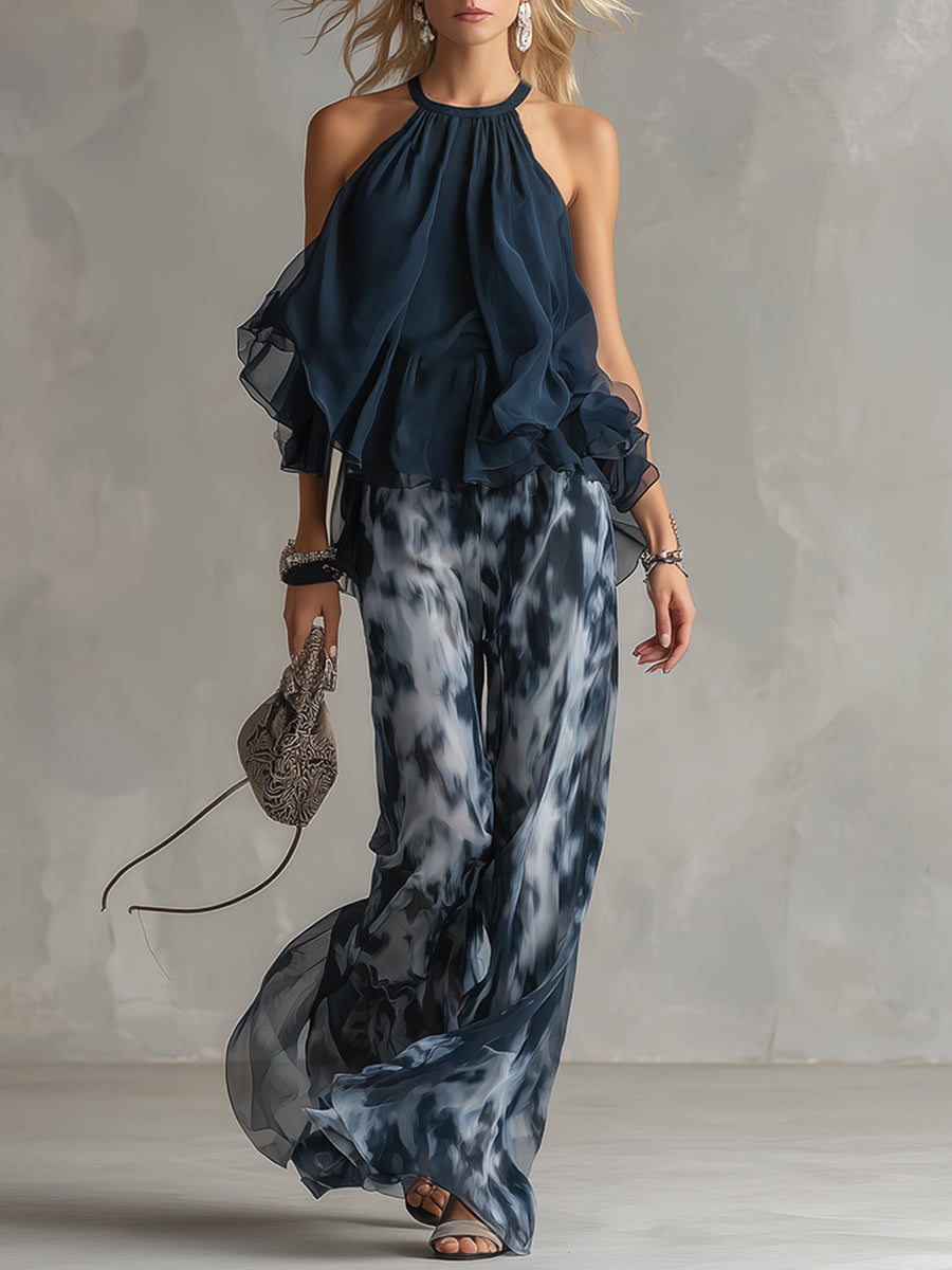 Ludovica | Stylish Navy Halter Top and Wide-Leg Printed Set by Qivii
