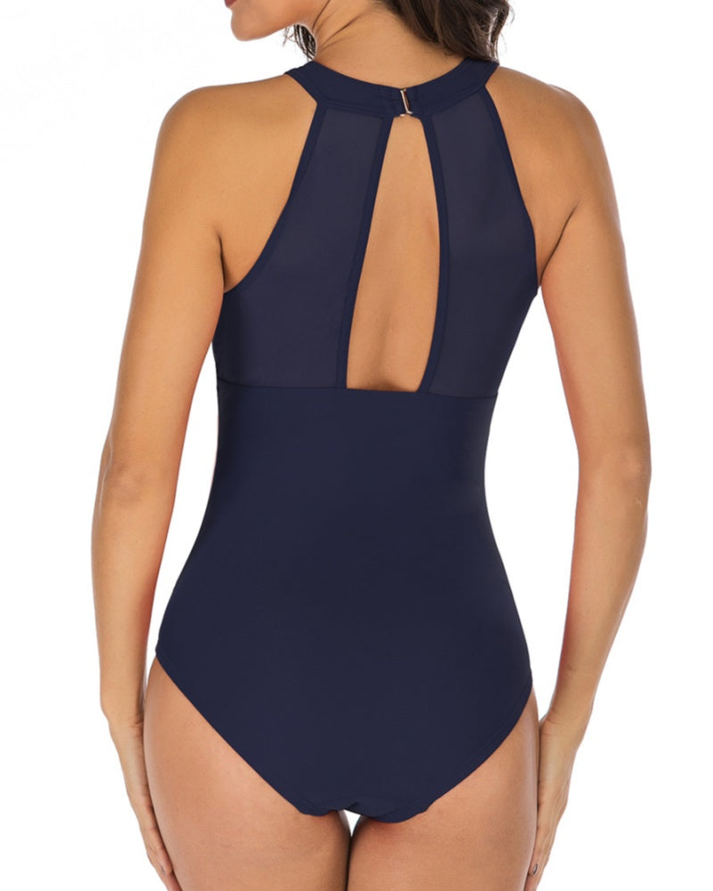 Sexy Halter Neck Mesh Backless One-piece Waist Trainer Swimsuit  - By Qivii