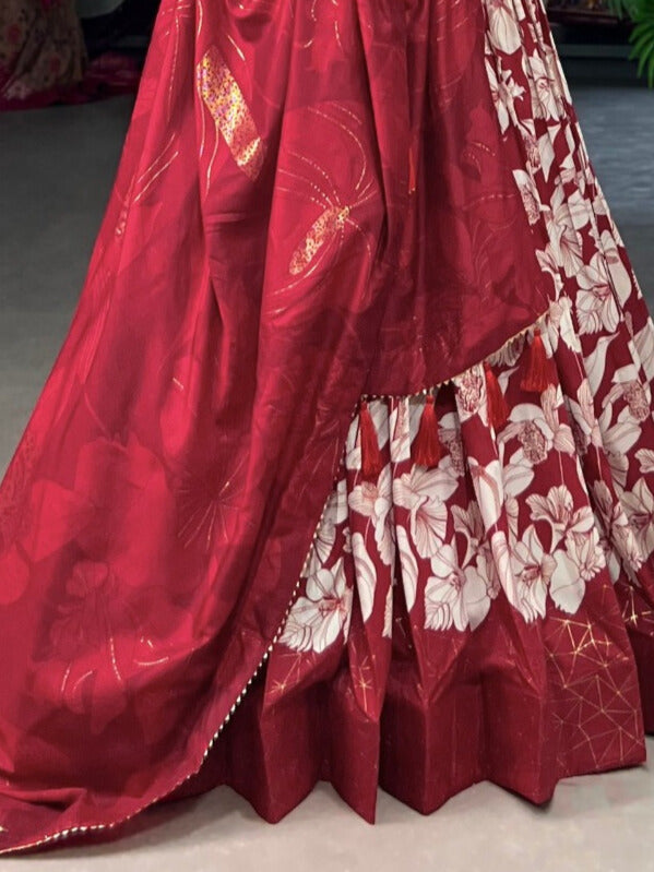 Ethnic Look with our Tussar Silk Printed Lehenga Choli In Red Color