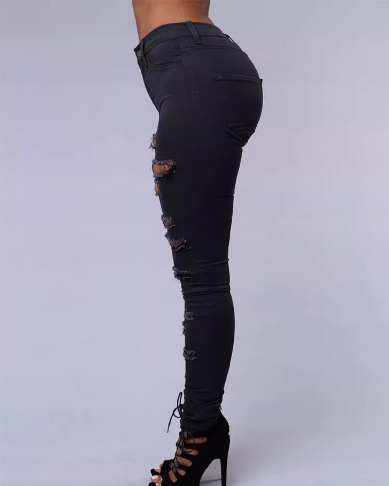 High-waist Stretch Ripped Skinny Jeans  - By Qivii