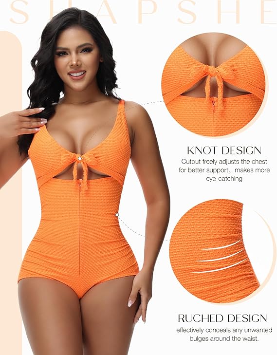 Women's Tummy Control Swimsuit Cutout Tie Knot Front Push Up Shapewear Bathing Suit  - By Qivii