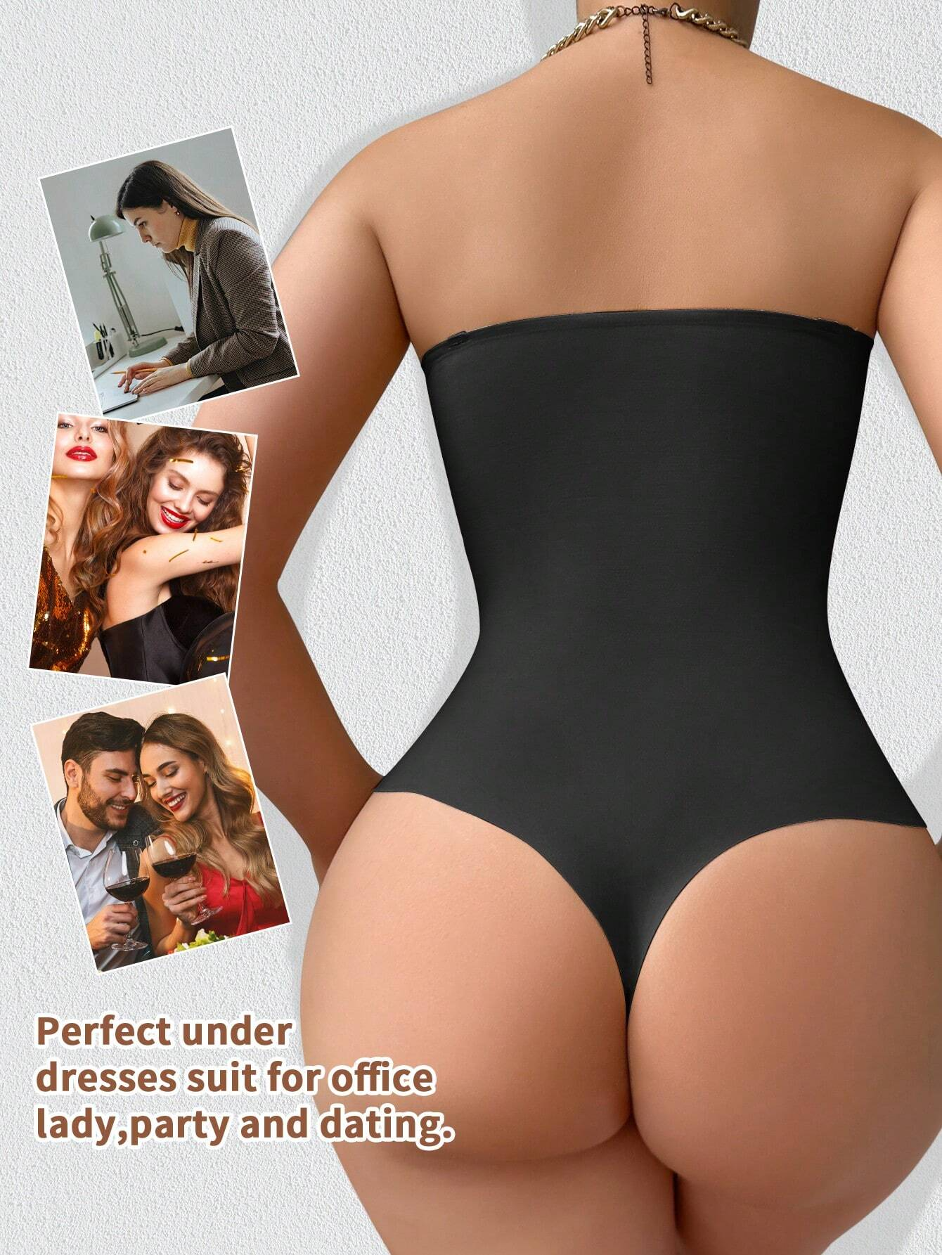 Women's Strapless Tummy Control One Piece Seamless Thong Shapewear Bodysuits  - By Qivii