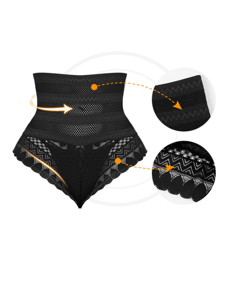 Splicing Lace Hollow High Waist Shapewear Panty Butt Lifter Slimming Thong  - By Qivii
