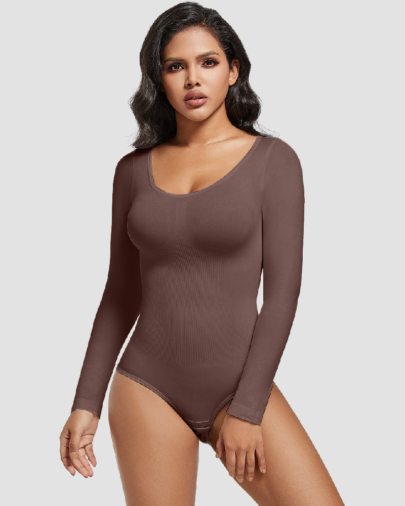 Seamless Crew Neck Long Sleeve Corset Bodysuit Tops Stretch Triangle Jumpsuit  - By Qivii