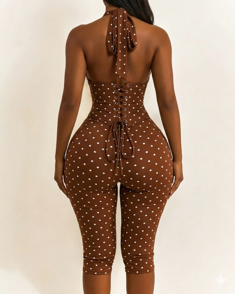 Hourglass Figure Body Shaper Waist Cincher Polka Dot Capri Jumpsuit Two-Piece Set  - By Qivii