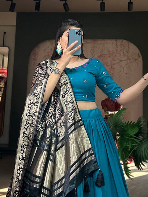 Pure Cotton Lehenga and the Lustrous Allure of Gaji Silk Dupatta in Blue Color