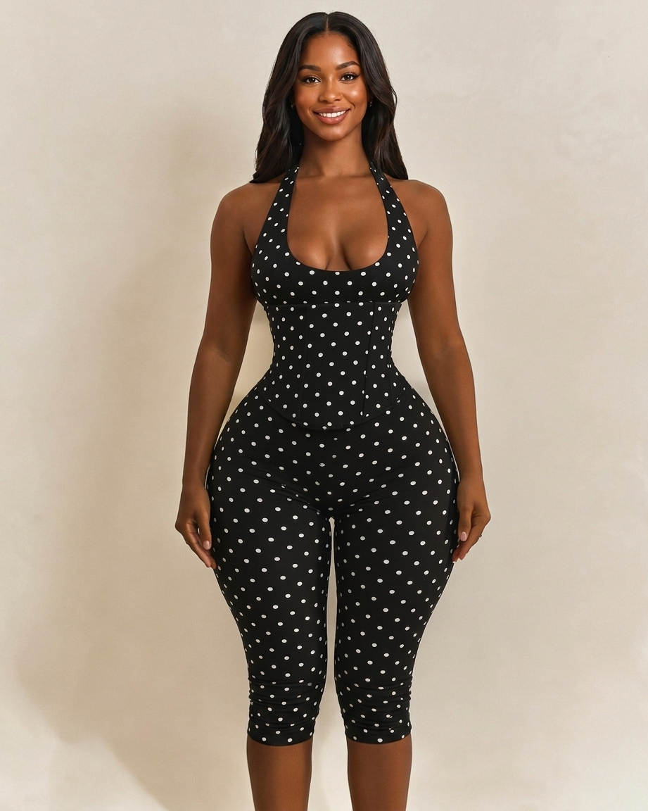 Hourglass Figure Body Shaper Waist Cincher Polka Dot Capri Jumpsuit Two-Piece Set  - By Qivii