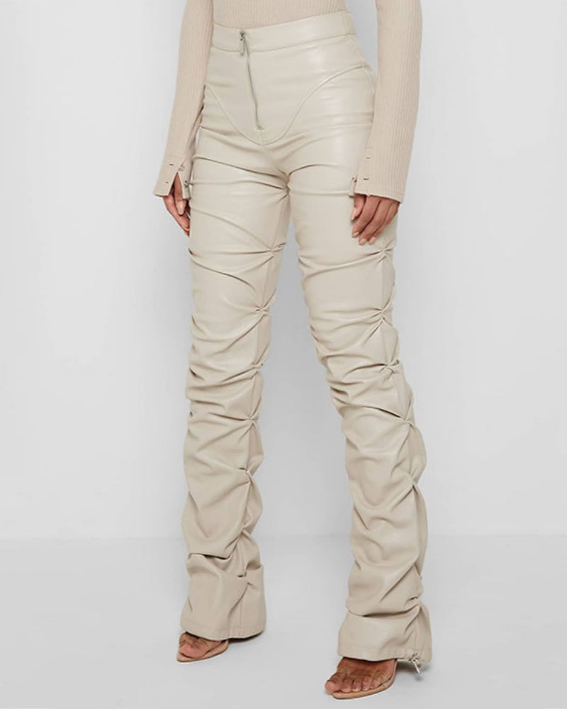 PU Leather Personalized Pleated Flared Pants  - By Qivii