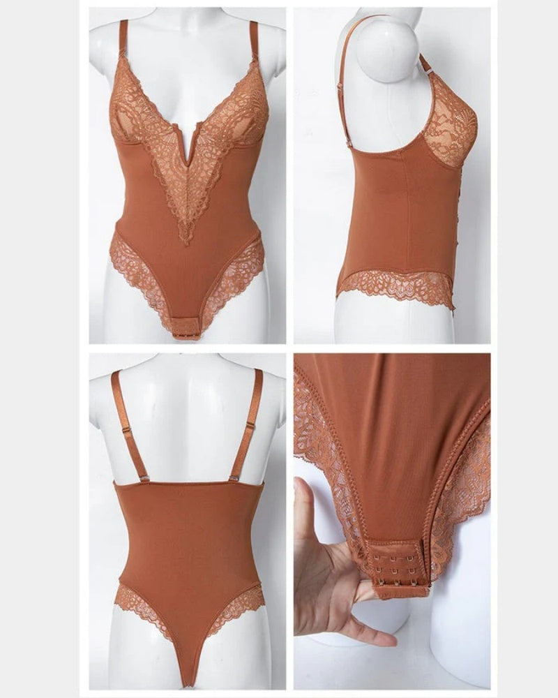 Sexy Lace Deep-V Neck Bodysuits  - By Qivii