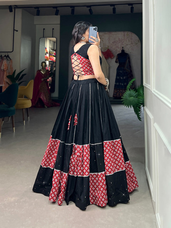 Black Colour  Pure Cotton And Paper Mirror Hand Work With Gotta Patti Navratri  Special Lehenga Choli Set