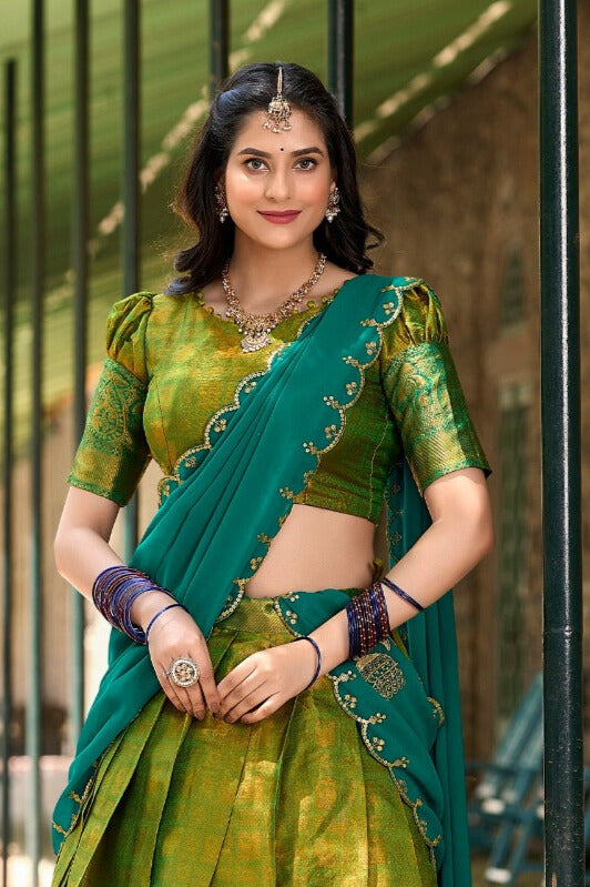 Kanjivaram silk in this regal lehenga choli in Parrot Color