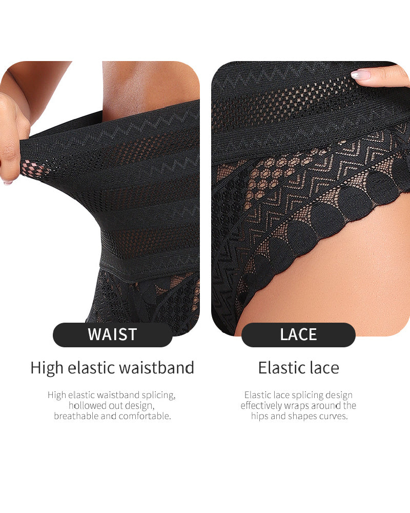 Splicing Lace Hollow High Waist Shapewear Panty Butt Lifter Slimming Thong  - By Qivii