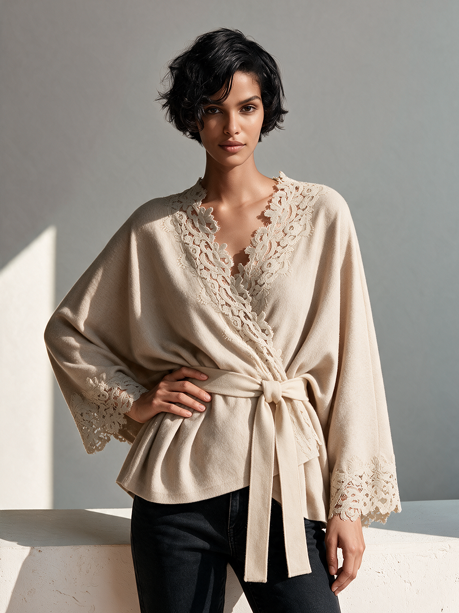 Women's Wool-Blend Wrap Coat With Lace Trim MDZ0220I1ZRK