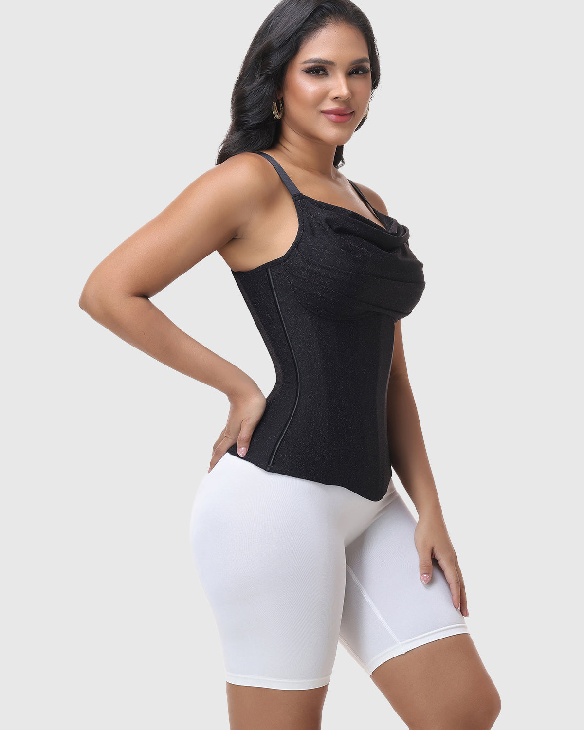 Draped Cowl Neck Side Zipper Adjustable Strap Waist Cincher Shaping Vest