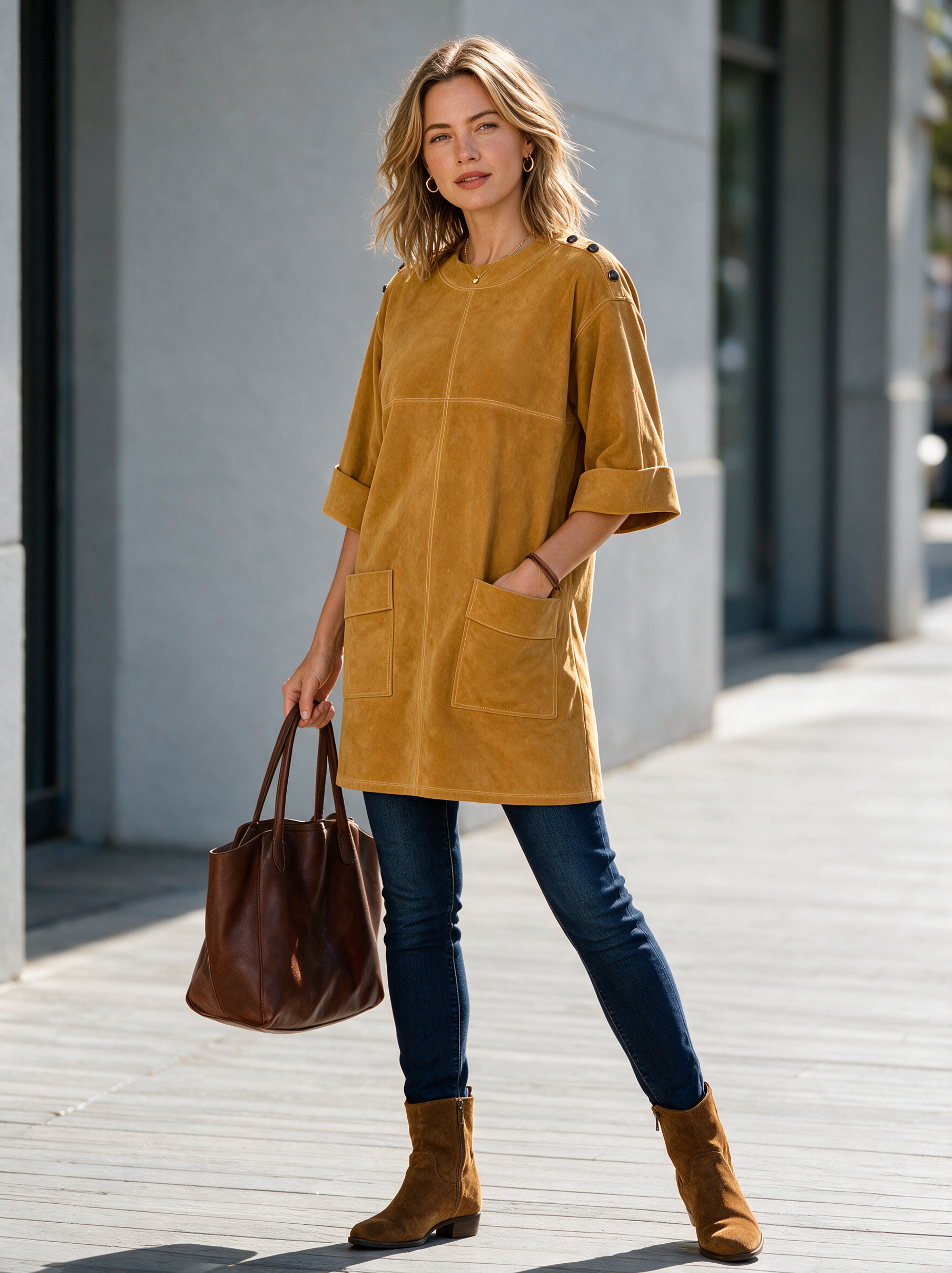 Women's Vintage-Style Faux Suede Mini Dress With Shoulder Buckle Detail And Mid-Length Sleeves MDZ1940H9WY