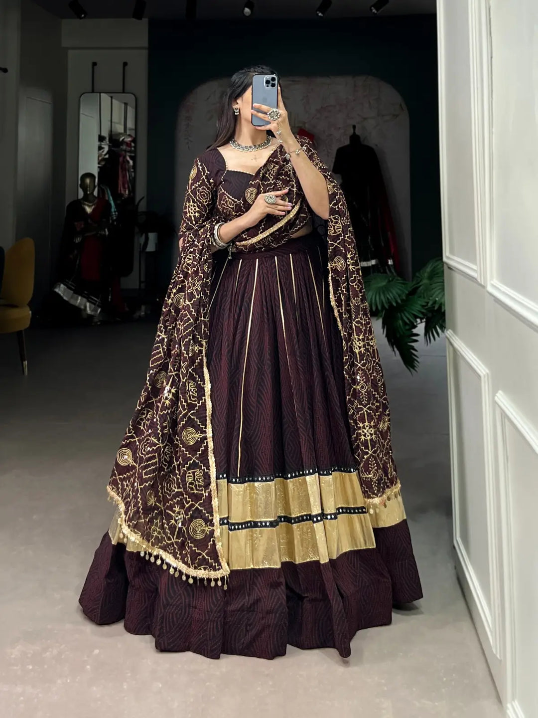 Classy Coffee Bean Bandhej Print And Embossed Design Lace With Paper Mirror - Handcrafted Indian Ethnic Fashion Accessory