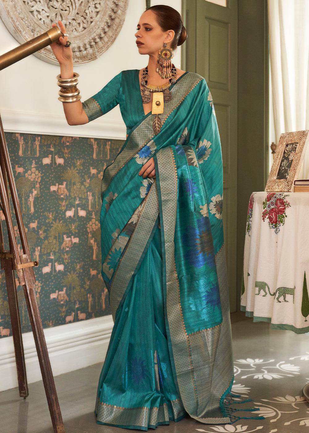 Cadet Blue Multi Coloured Zari Handloom Weaving Silk Saree : Top Pick | Stitched Blouse - qivii