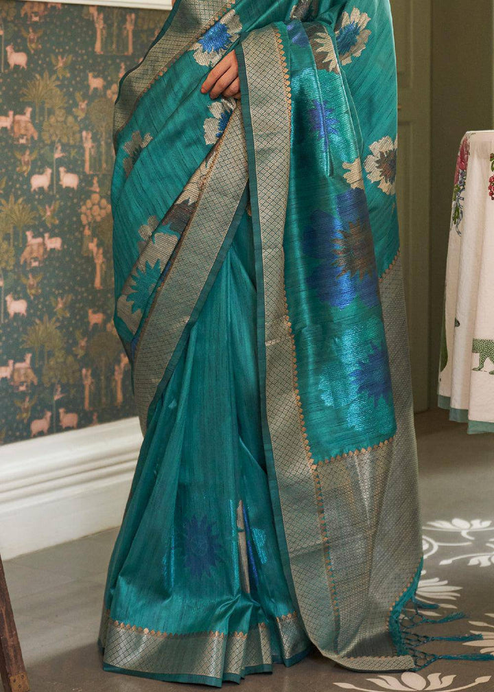 Cadet Blue Multi Coloured Zari Handloom Weaving Silk Saree : Top Pick | Stitched Blouse - qivii