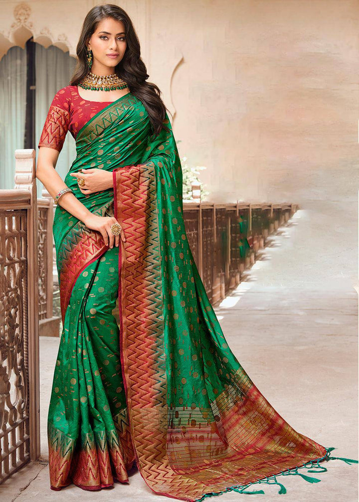 Cadmium Green Zari Butta Woven Raw Banarasi Silk Saree | Stitched Blouse - qivii