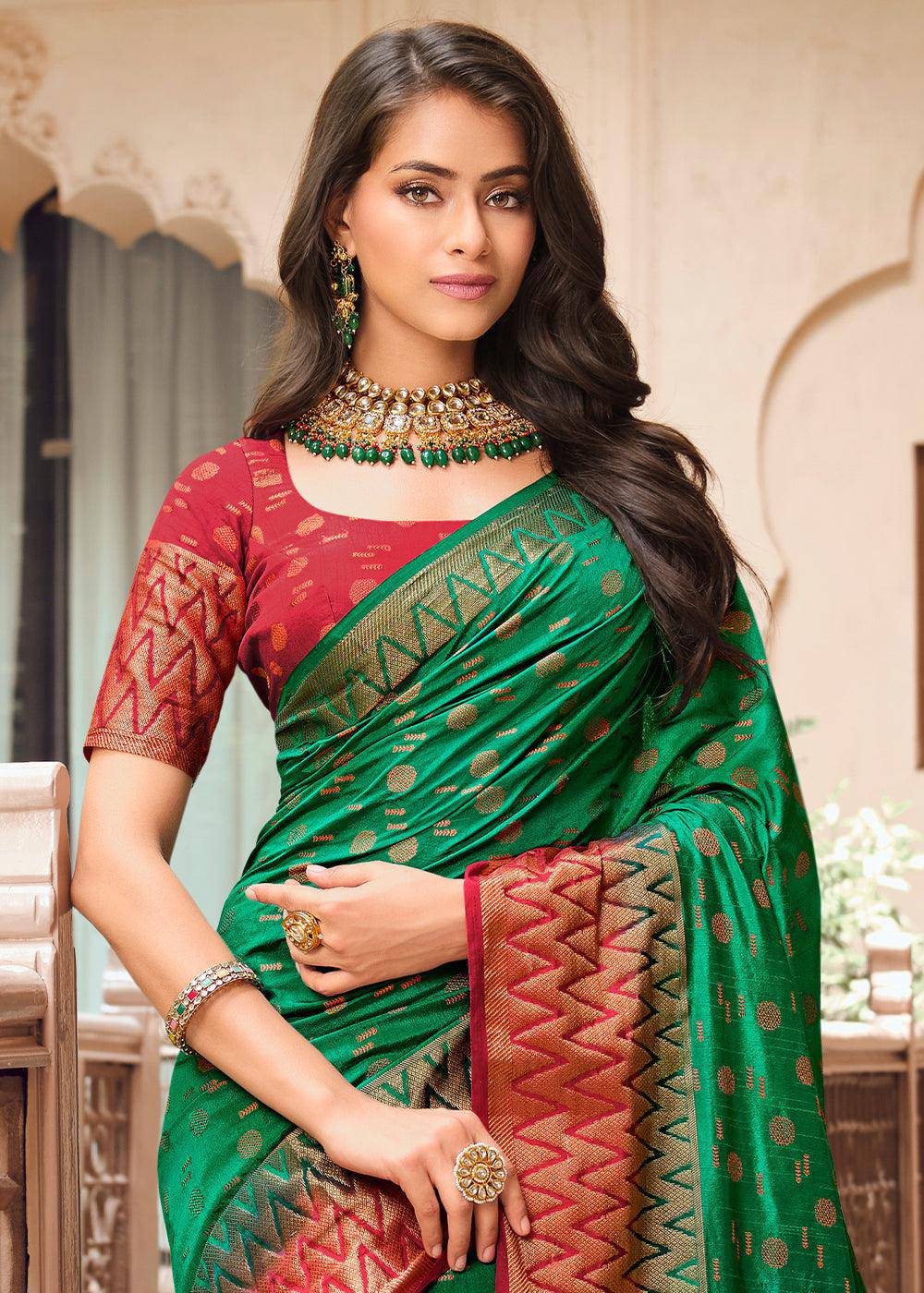 Cadmium Green Zari Butta Woven Raw Banarasi Silk Saree | Stitched Blouse - qivii