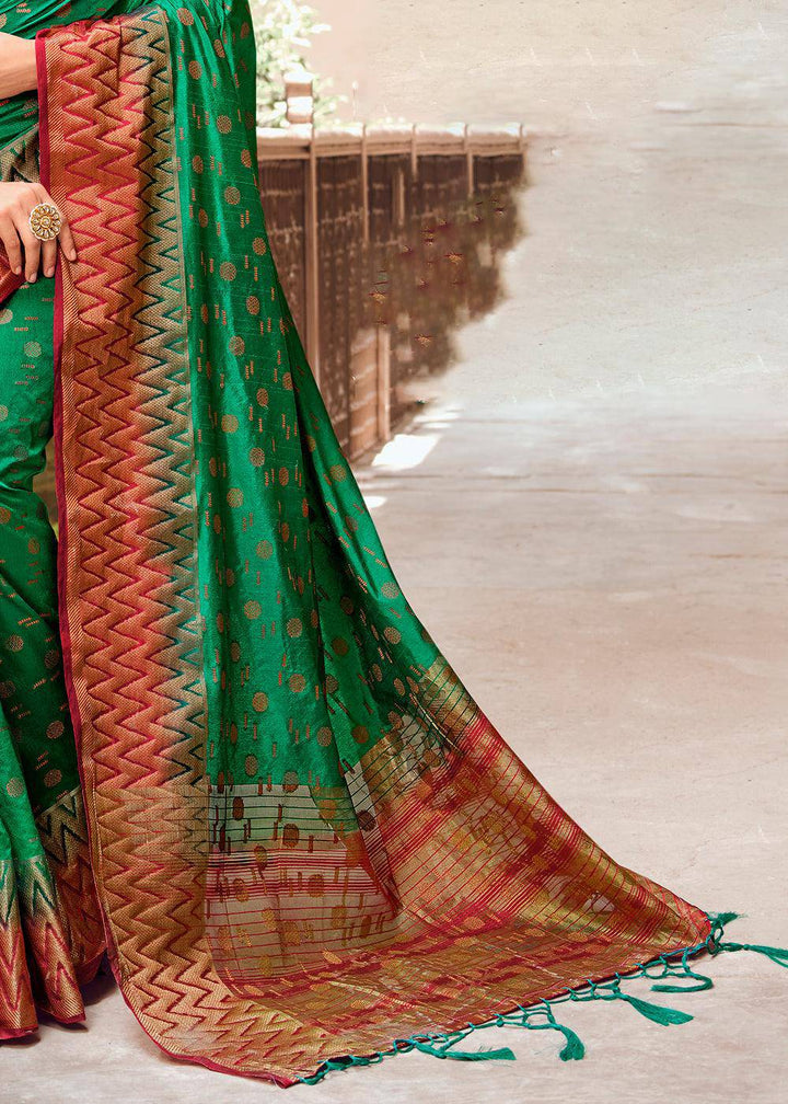 Cadmium Green Zari Butta Woven Raw Banarasi Silk Saree | Stitched Blouse - qivii