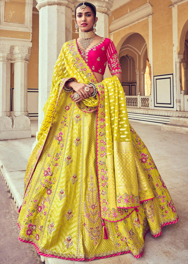 Cadmium Yellow Banarasi Silk Lehenga Choli with Khatli and Heavy Embroidered work - qivii