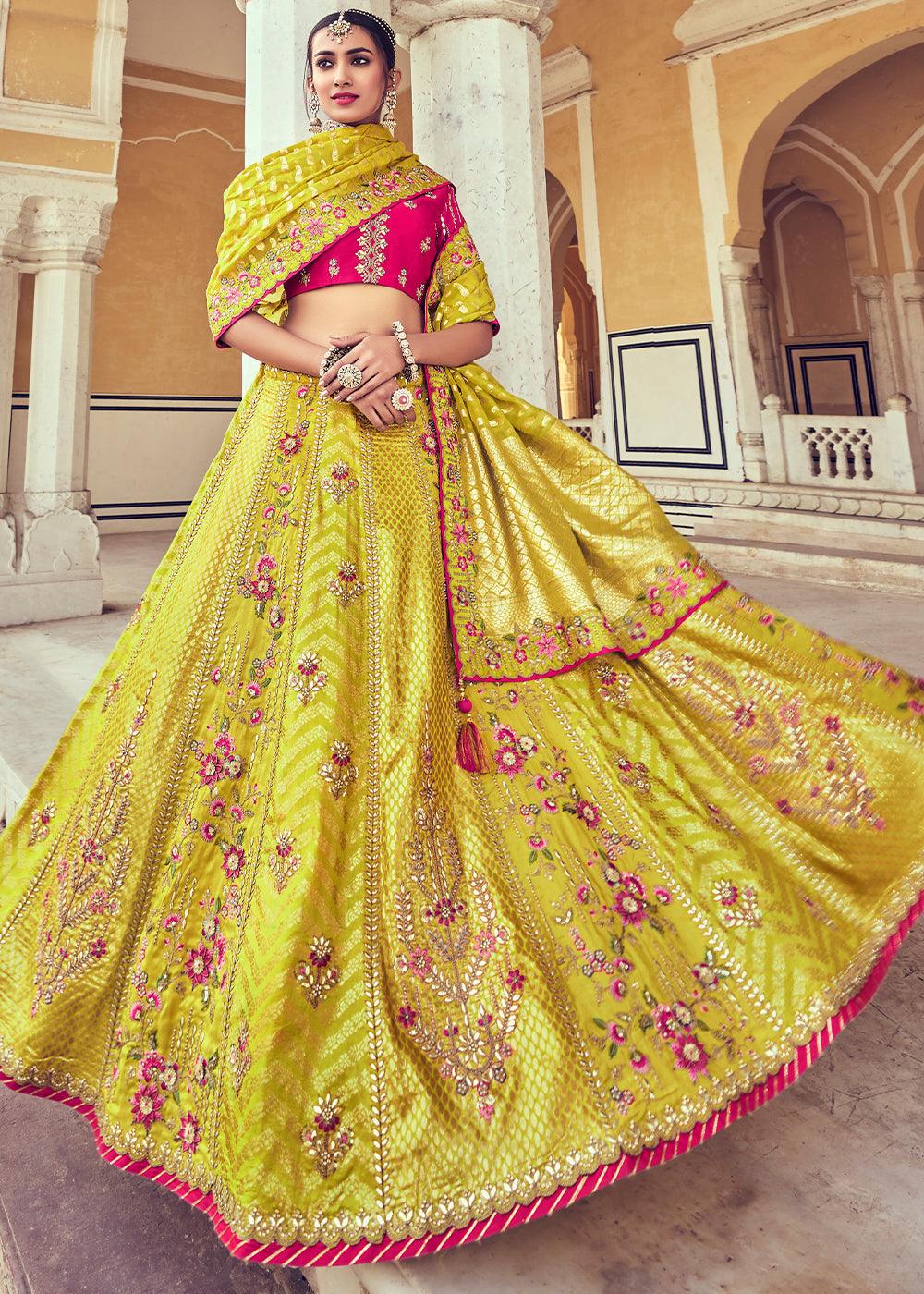 Cadmium Yellow Banarasi Silk Lehenga Choli with Khatli and Heavy Embroidered work - qivii